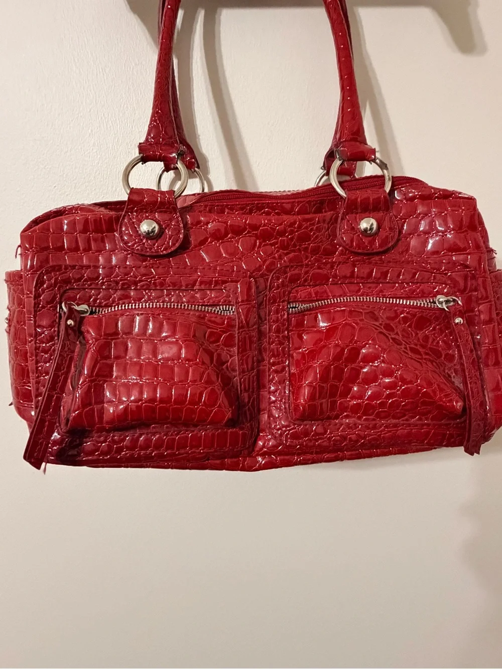Bueno Red Croc-Embossed Double Pocket Shoulder Bag